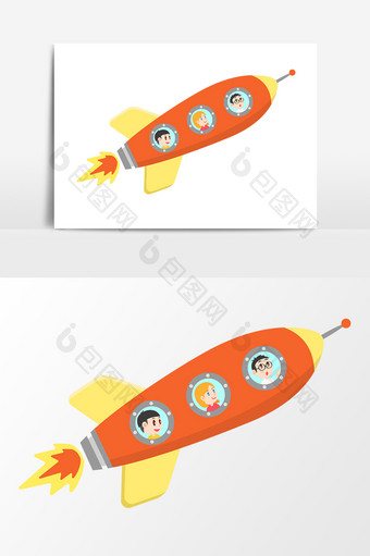 儿童坐火箭卡通手绘矢量元素图片