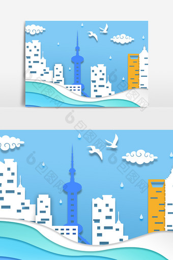 城市高楼上海东方明珠剪纸风格装饰素材图片