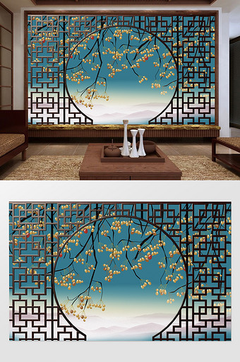 新中式手绘果树隔断远山背景墙图片