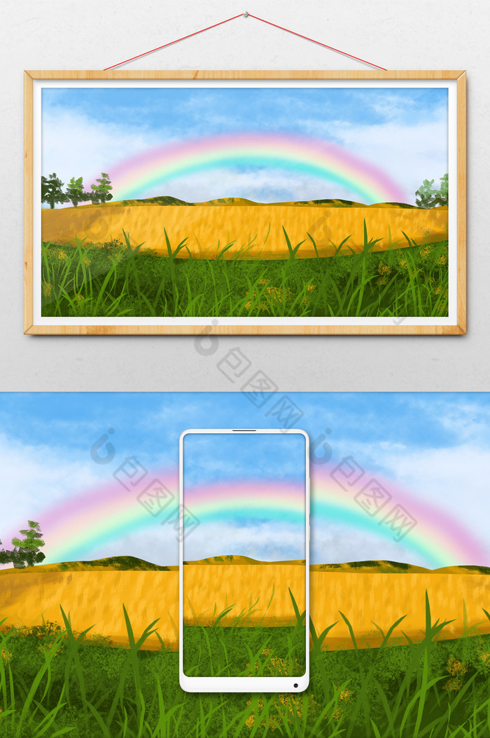 彩虹下的金色麦田风景插画图片图片