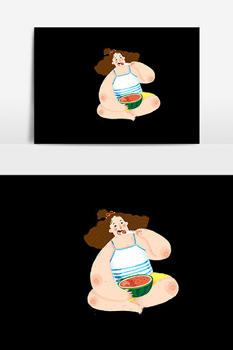 胖胖女孩吃西瓜插画设计图片