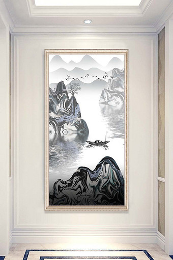 新中式写意抽象山水玄关背景装饰画图片