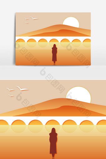夕阳大山桥剪纸设计图片