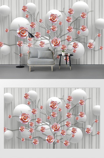 现代简约3D立体花枝陶瓷浮雕花朵背景墙图片