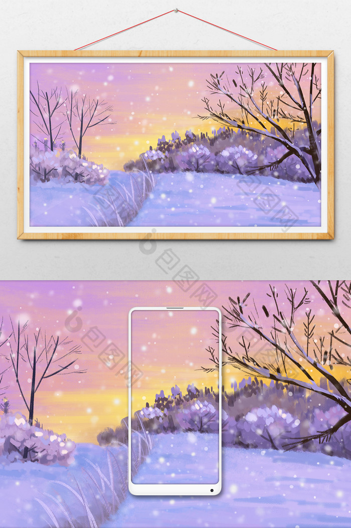 冬天夕阳下的雪景插画图片图片