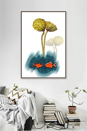 新中式金色莲蓬亲吻鱼客厅装饰画图片
