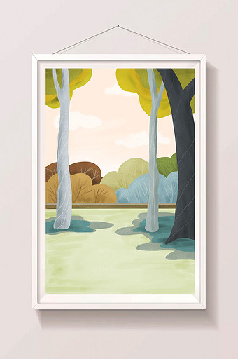 秋天简约森林树木宣传海报设计手绘背景插画图片