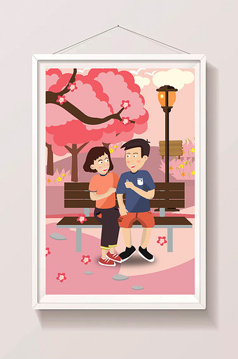 清新公园座椅情侣爱意爱情七夕情人节插画图片