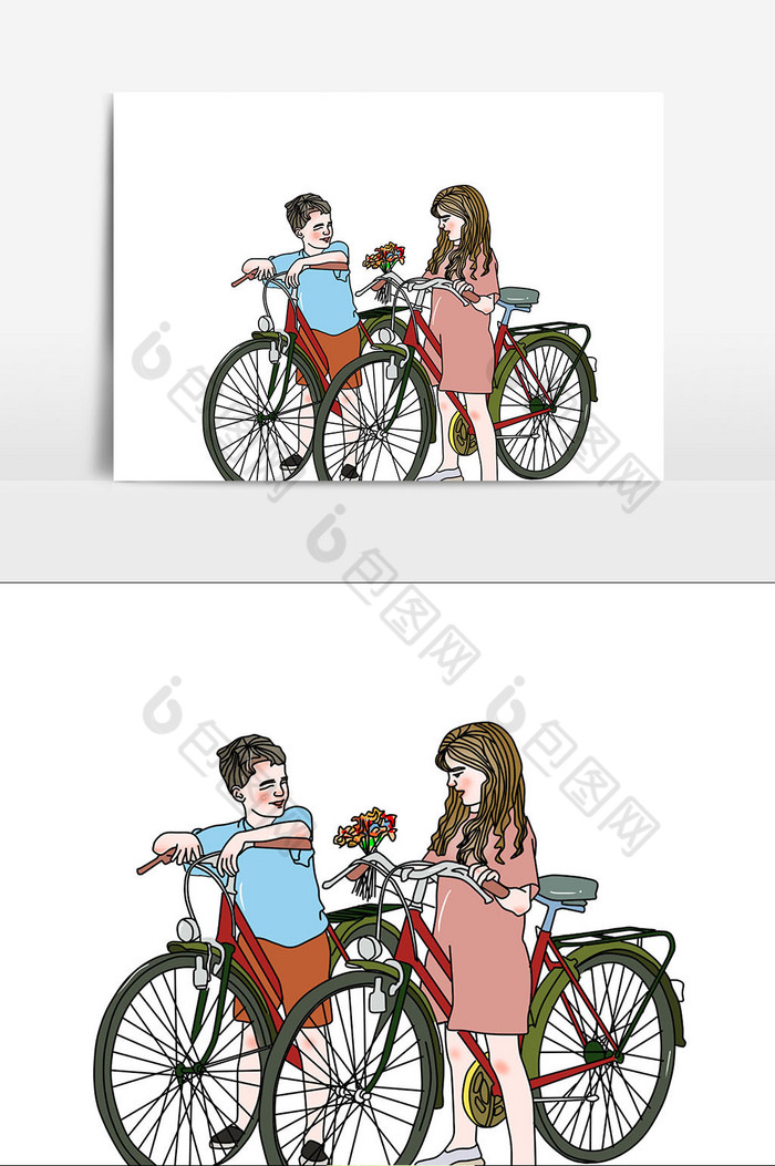 自行车情侣浪漫插画图片图片