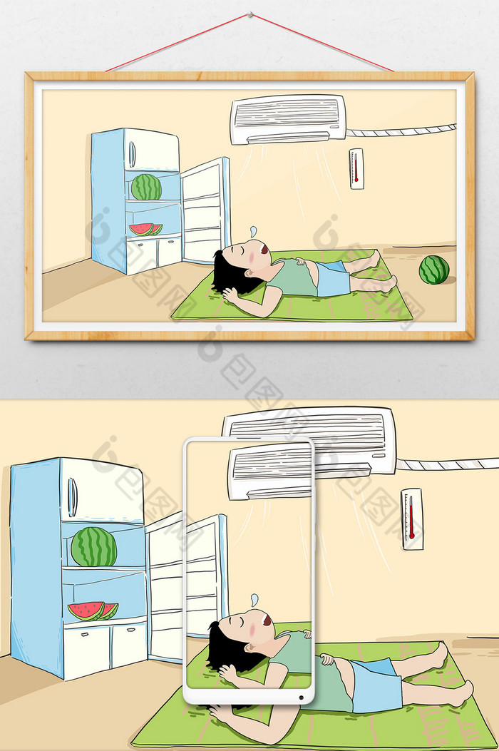 大暑男孩睡觉冰箱空调插画避暑西瓜图片图片