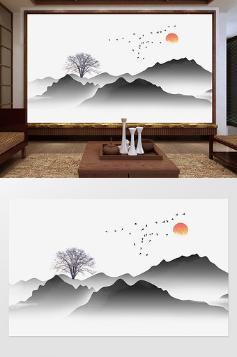 新中式唯美意境风景山水水墨画背景墙定制图片