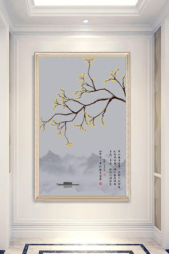 新中式山水玄关手绘银杏叶花鸟玄关装饰画图片
