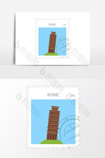 暑期旅行比萨斜塔景点邮票矢量图图片