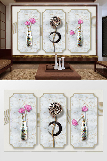 新中式简约大理石纹花瓶立体荷花意境背景墙图片