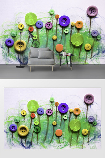 现代简约浮雕纽扣花卉涂鸦背景墙图片