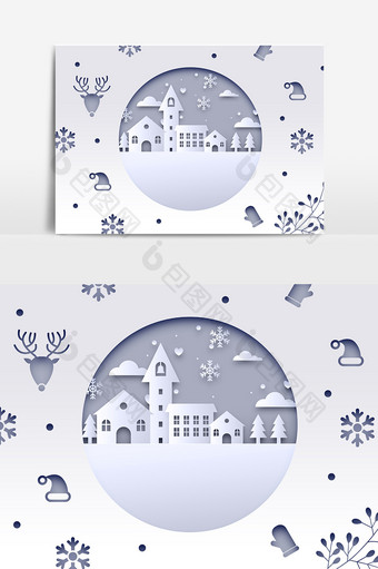 寒冬圣诞节大雪纷飞剪纸风装饰素材图片