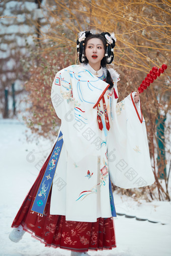 大雪后户外身穿明朝汉服的亚洲少女