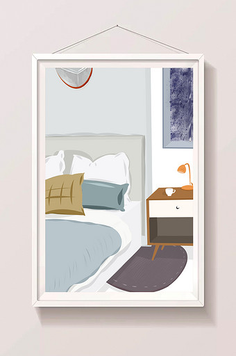 蓝色温馨卧室房间插画背景图片