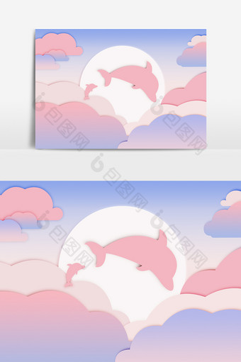天空海豚海面梦幻童话剪纸风装饰素材图片