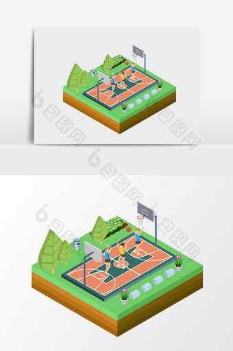 夏天小区篮球场运动锻炼2.5d矢量素材图片