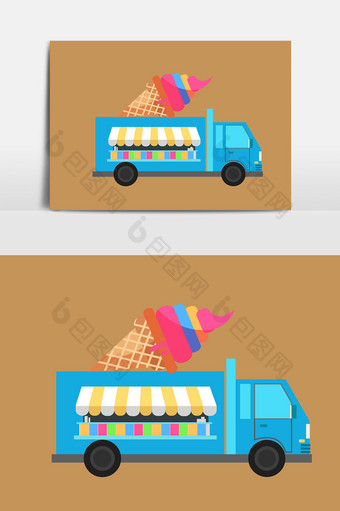手绘卡通扁平移动式冰淇淋车元素图片