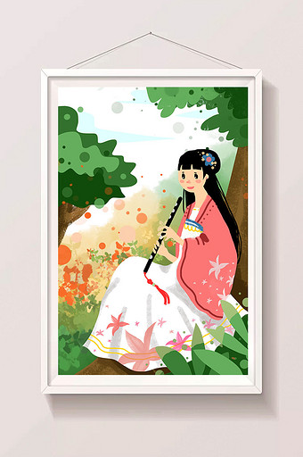小清新绿色系传统文化汉服竹笛乐器手绘插画图片
