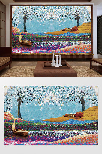 新中式油画色彩花卉 鹤 小船背景墙图片