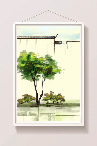 清新水墨江南庭前小树院子背景插画图片