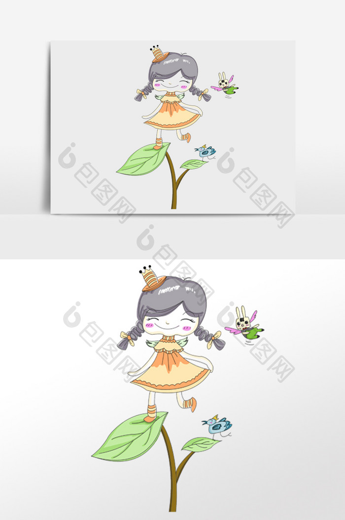 可爱插画小女孩踩素材手绘女生品位叶子最的有卡通图片