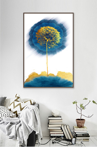 现代蓝色水墨金色蒲公英植物客厅装饰画图片