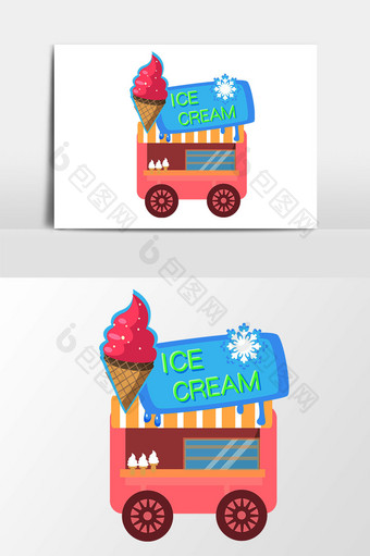 手绘卡通扁平冰淇淋车子元素图片