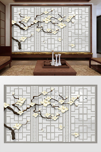 中式意境古典玉兰花枝时尚雕花门软包背景墙图片