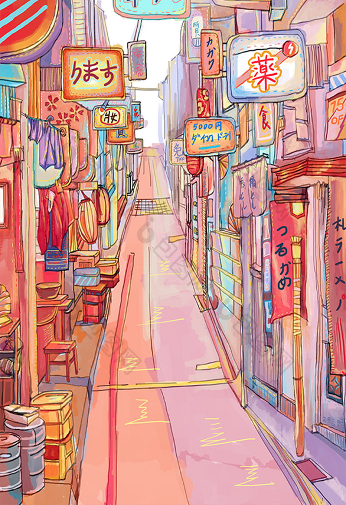 日本和风街道口梦幻街头插画