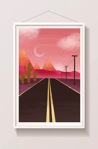 唯美粉红色日落下的公路手绘插画背景图片