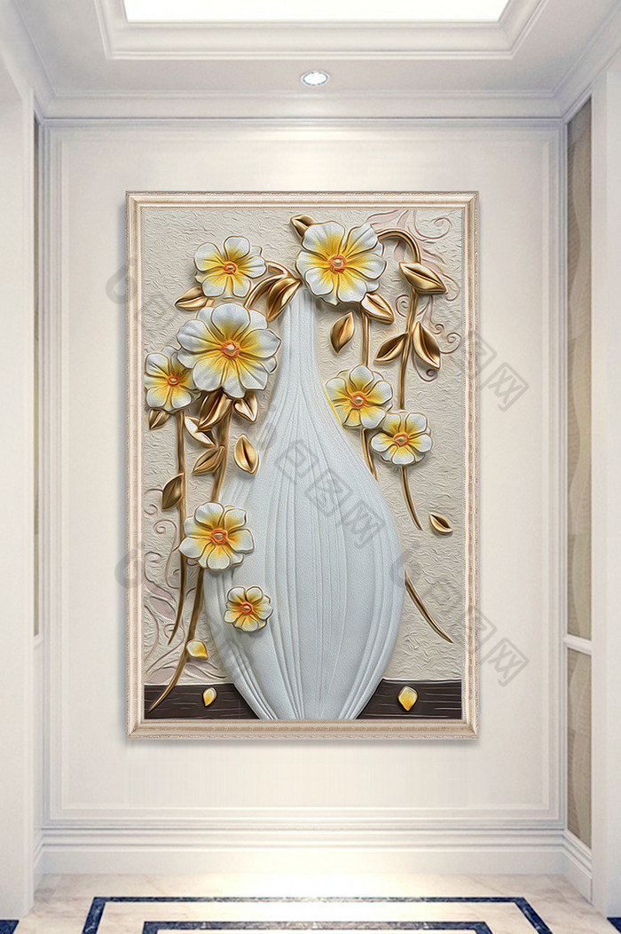 中式浮雕花卉花瓶玄关装饰画图片图片
