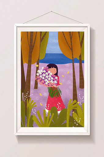 秋天立秋树林中的小女孩捧花插画图片