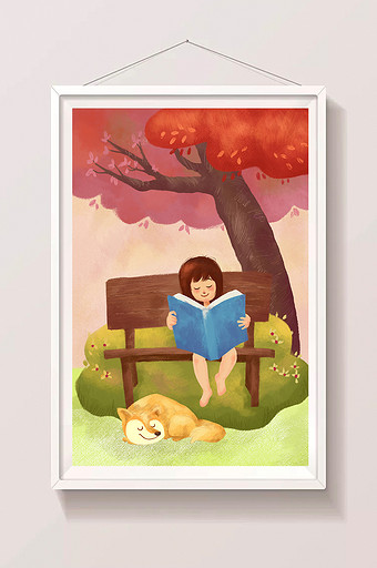 秋天坐在树下看书的小女孩与狗图片