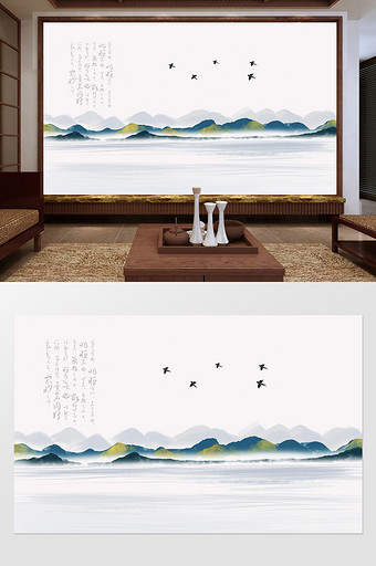 新中式抽象山水意境电视背景墙定制图片