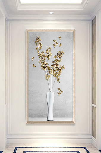 现代简约北欧风金色花卉花瓶玄关装饰画图片