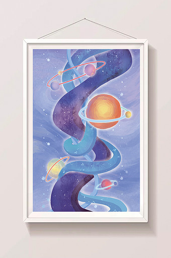 唯美星空宇宙环绕梦幻星球插画图片