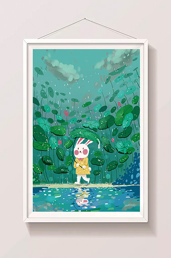 清新夏日小白兔荷叶下雨小河插画图片