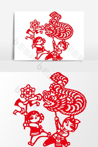 简洁中国传统红色剪纸赛龙舟矢量元素图片