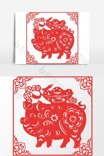 简洁中国传统红色剪纸窗花招财进宝矢量元素图片