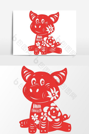 简洁中国传统红色剪纸窗花坐着的小矢量元素图片