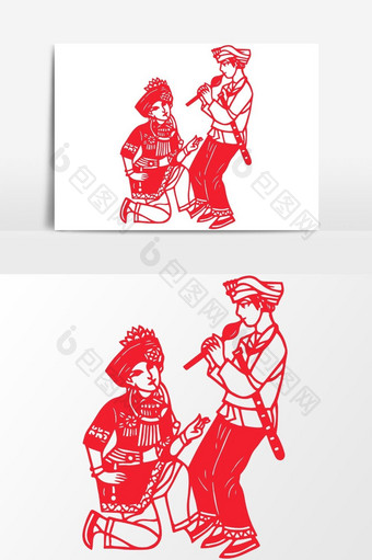 简洁中国传统红色剪纸窗花苗族矢量元素图片