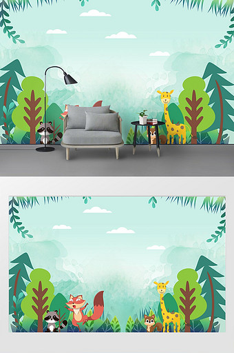 可爱卡通儿童房清新动物森林电视背景墙图片