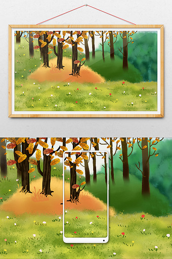 卡通手绘草地树林秋天风景图片