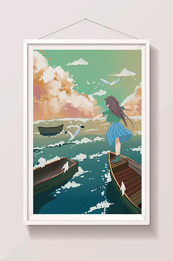 浪漫湖边船头小女孩清新唯美海浪海鸥插画图片