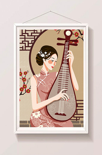 中国风旗袍美人插画弹琵琶复古插画图片