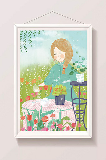 花园少女斟茶春天花朵植物插画图片